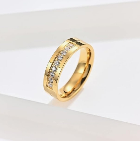 Mens Wedding Band Stainless Steel Gold Plated Ring with High Quality CZ. - Picture 7 of 9